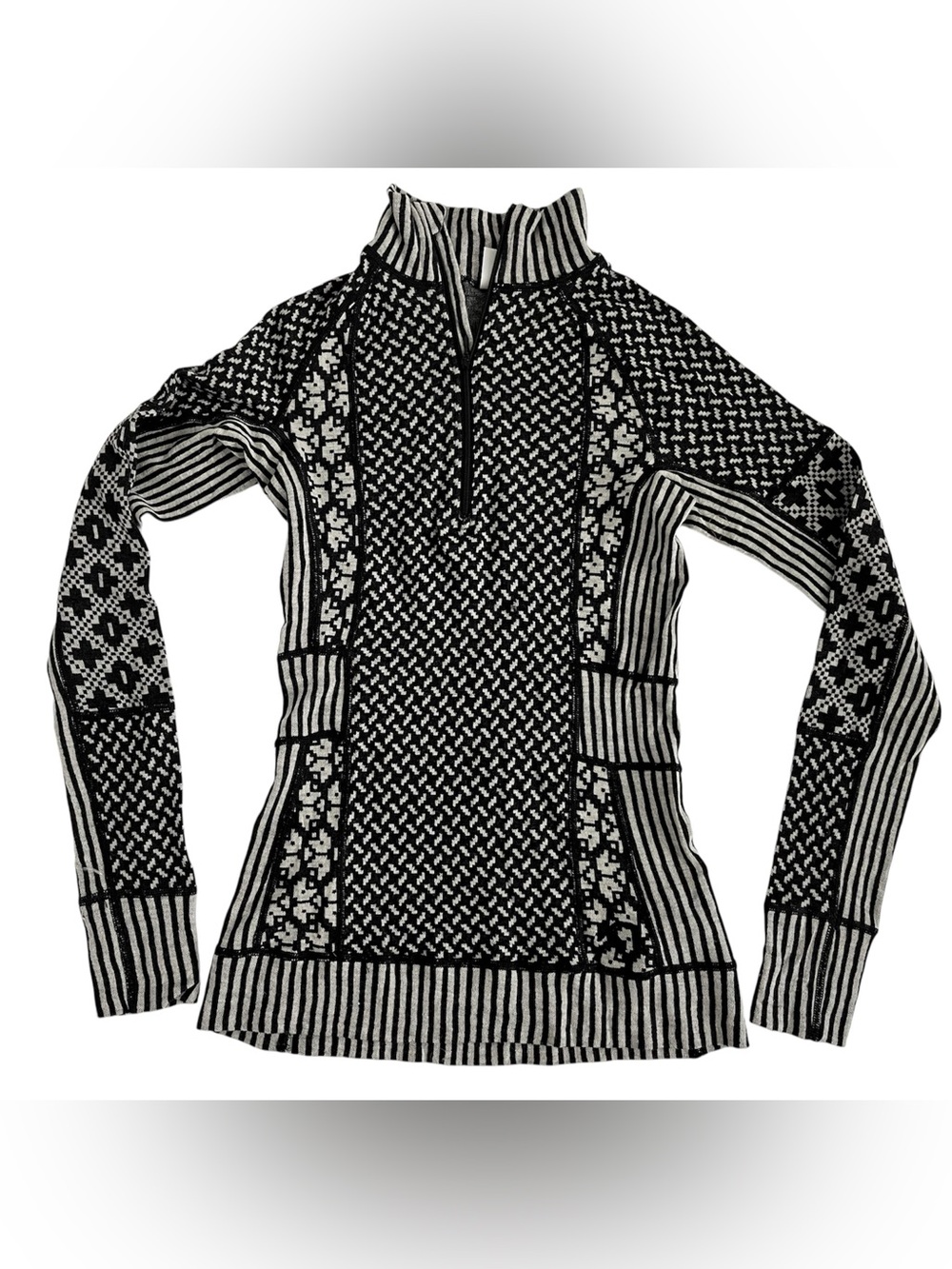 Kari Traa wool Black & White Patterned Half-Zip Cowl base layer Sweater